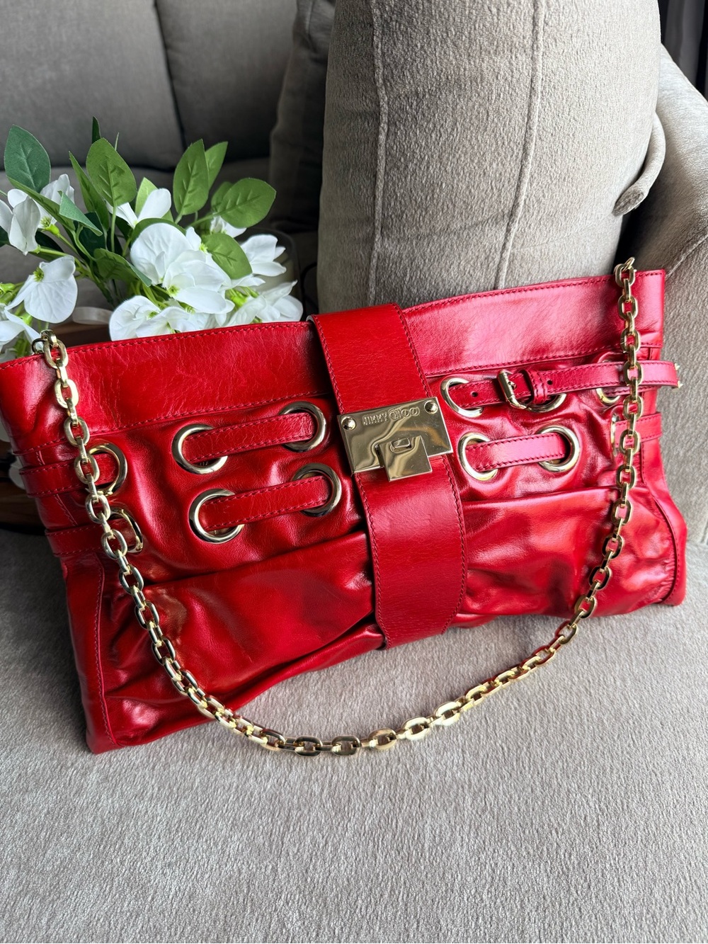 Jimmy Choo Red Leather Chain Shoulder Bag Clutch Authentic